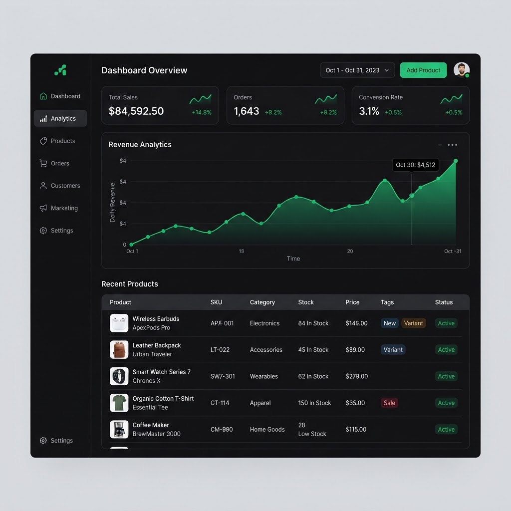 Mamolio admin dashboard showing sales analytics, revenue chart, and product management